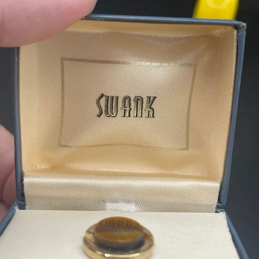 Vintage Swank Tie Tack Genuine Tigereye Gold Tone Round Men's Jewelry In Box
